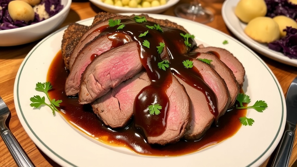 Traditional German Beef Sauerbraten Recipe Tender slices of Beef Sauerbraten served with red cabbage and potato dumplings on a rustic table.